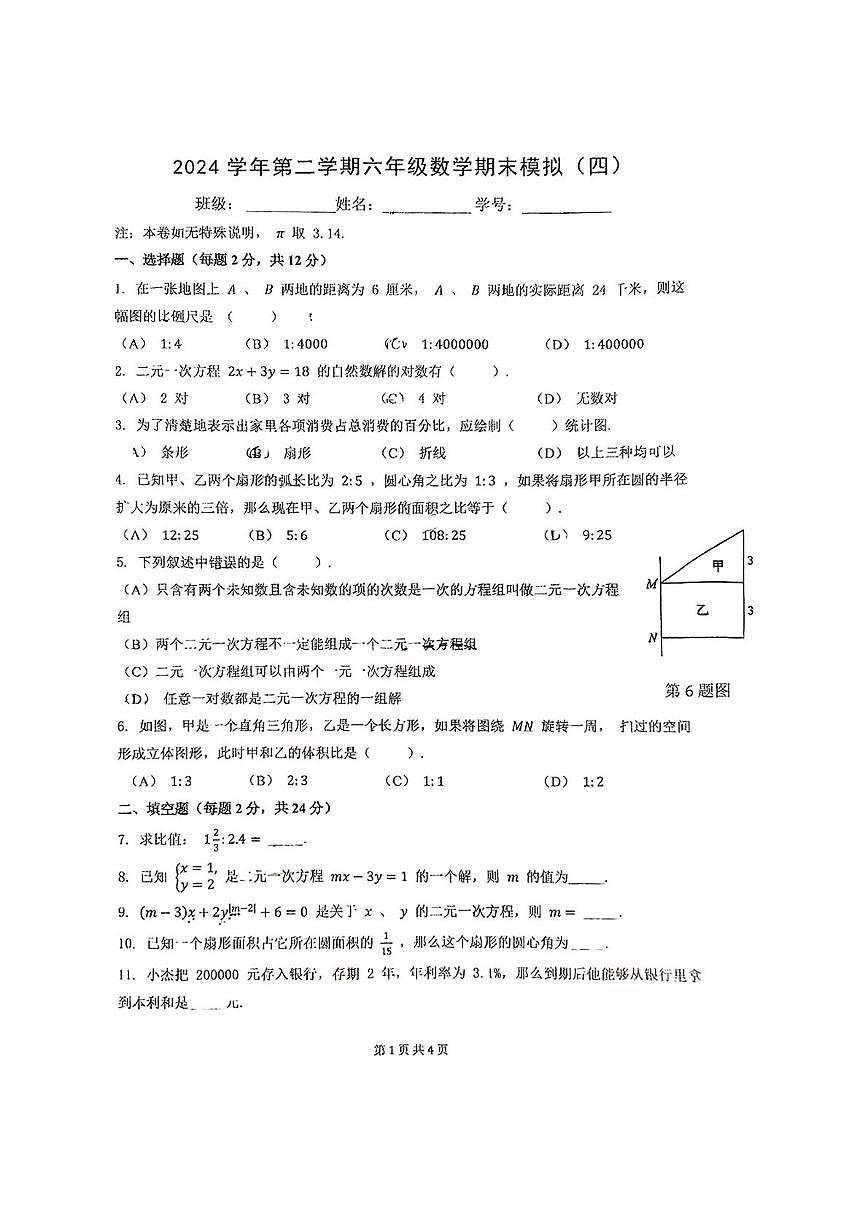 上海市闵行区莘松中学2024-2025学年下学期六年级数学期末模拟试卷（中考模拟）第1页