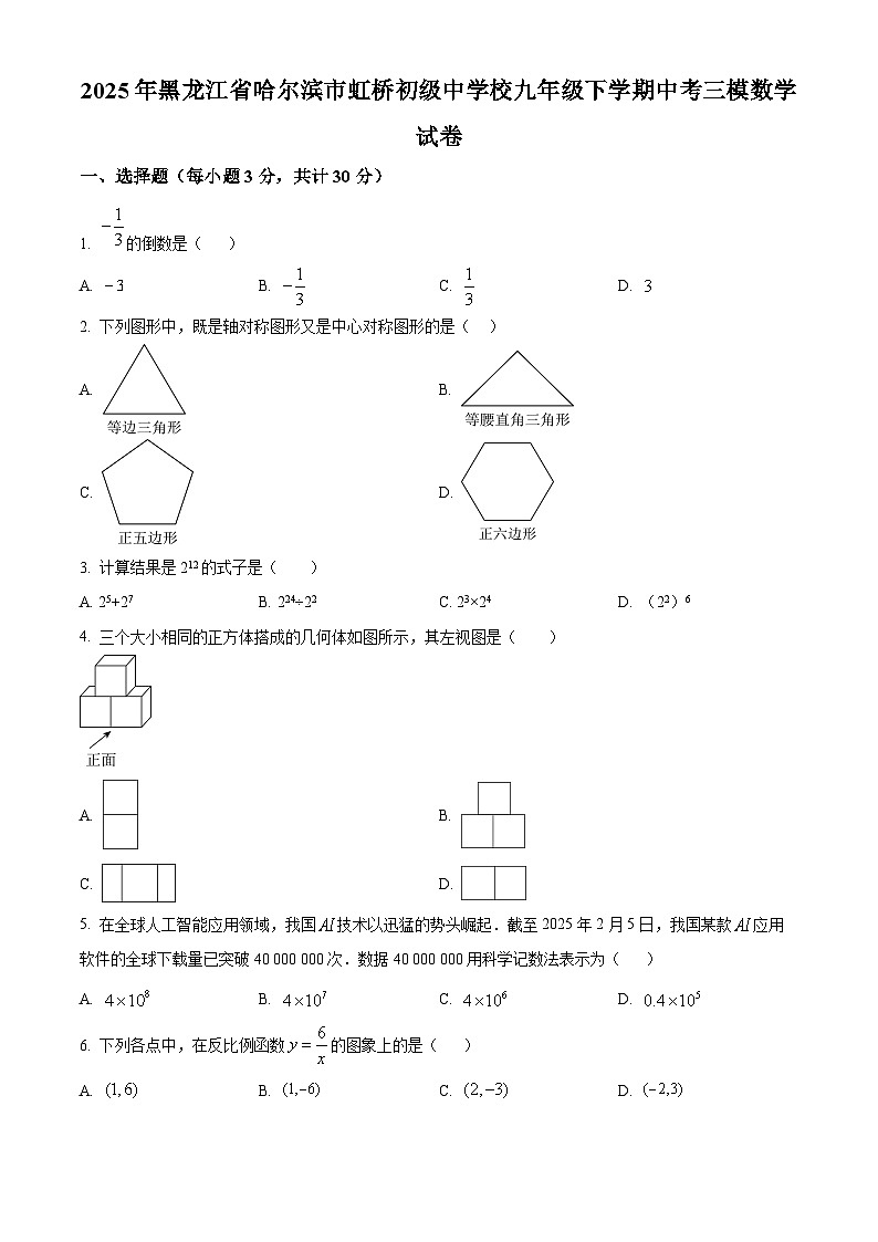 2025年黑龙江省哈尔滨市虹桥初级中学校九年级下学期中考三模数学试卷（中考模拟）第1页