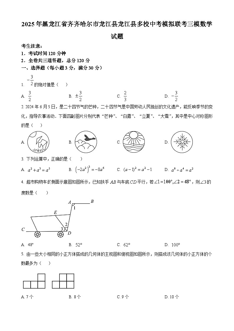 2025年黑龙江省齐齐哈尔市龙江县龙江县多校中考模拟联考三模数学试题（中考模拟）第1页