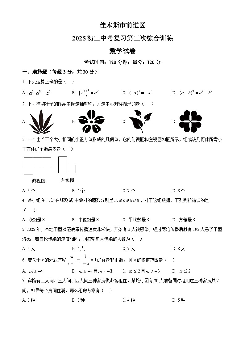 2025年黑龙江省佳木斯市前进区九年级中考三模数学试题（中考模拟）第1页