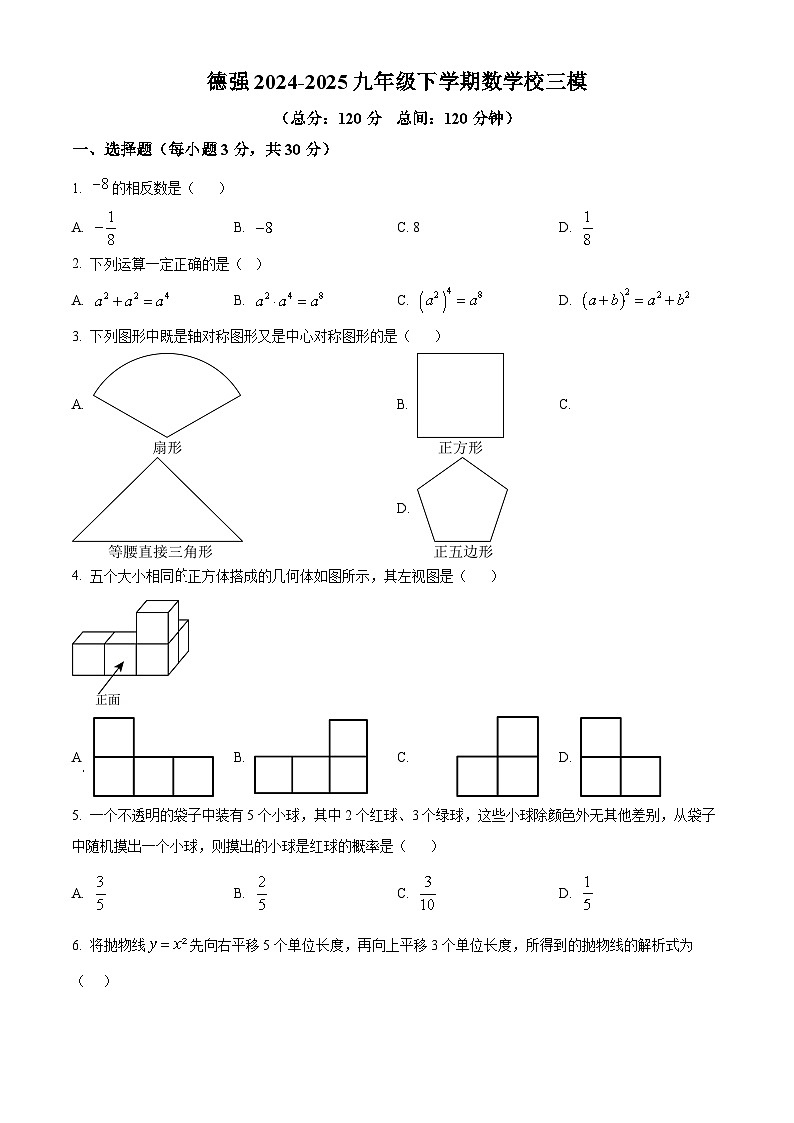 黑龙江省哈尔滨市德强学校2024-2025学年九年级下学期中考三模数学试题（中考模拟）第1页