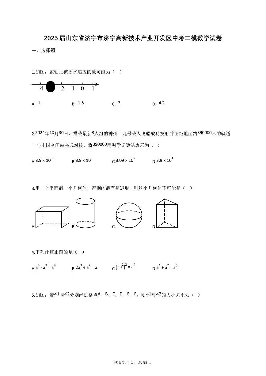 2025届山东省济宁市济宁高新技术产业开发区中考二模数学试卷第1页