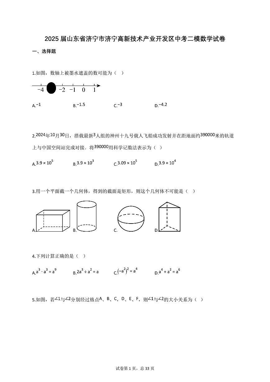 2025届山东省济宁市济宁高新技术产业开发区中考二模数学试卷第1页