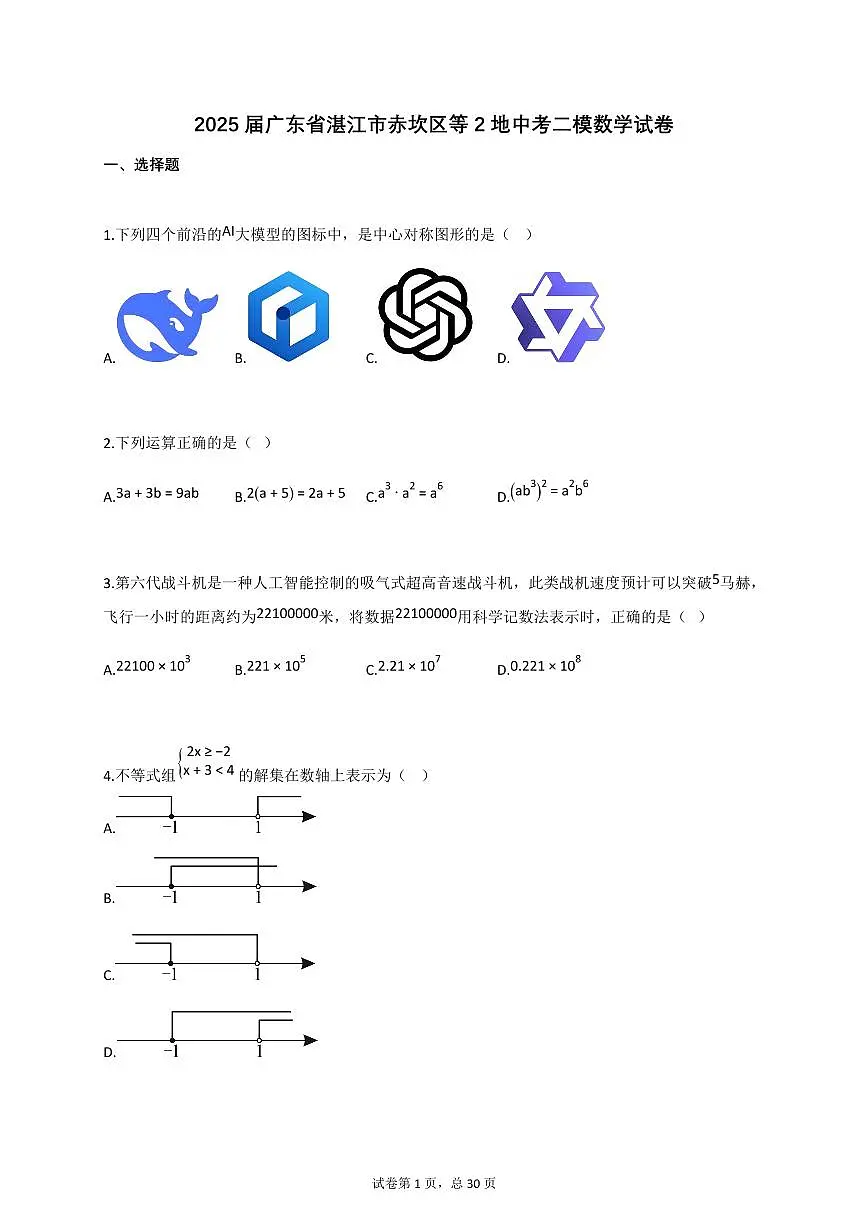 2025届广东省湛江市赤坎区等2地中考二模数学试卷第1页