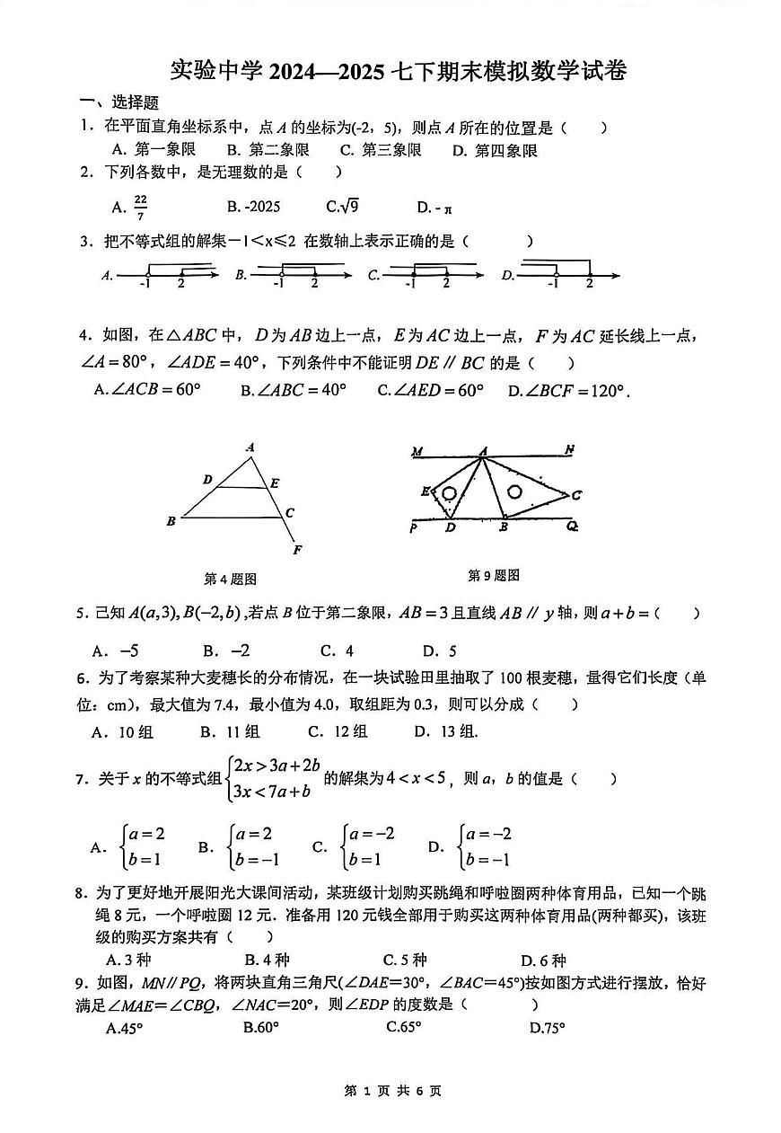湖北省武汉市光谷实验中学2024-2025学年下学期6月月考七年级数学试卷第1页