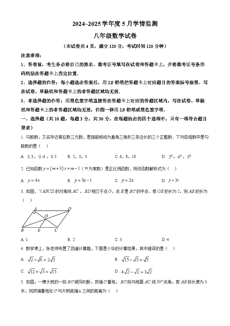 湖北省荆州市2024-2025学年下学期八年级5月月考数学试卷第1页