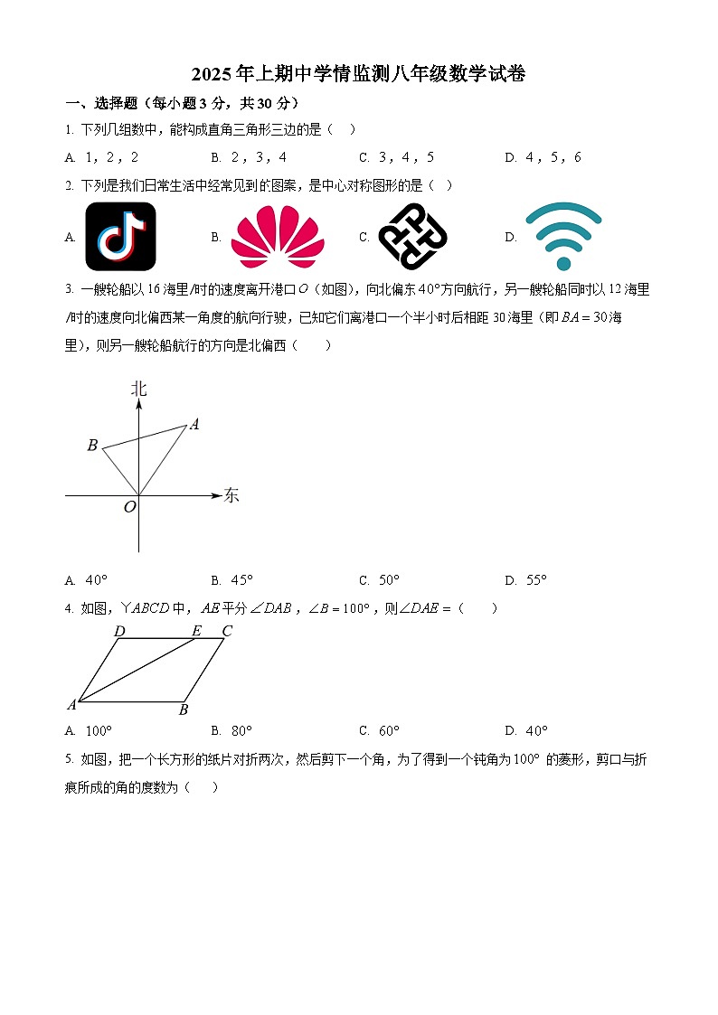 湖南省邵阳市新邵县2024-2025学年八年级下学期4月期中数学试题第1页
