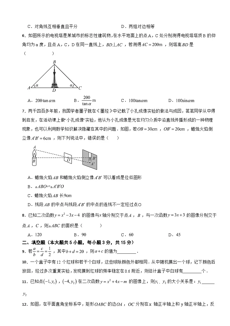 广东省深圳市龙岗区2025年九年级中考一模数学试卷附答案第2页