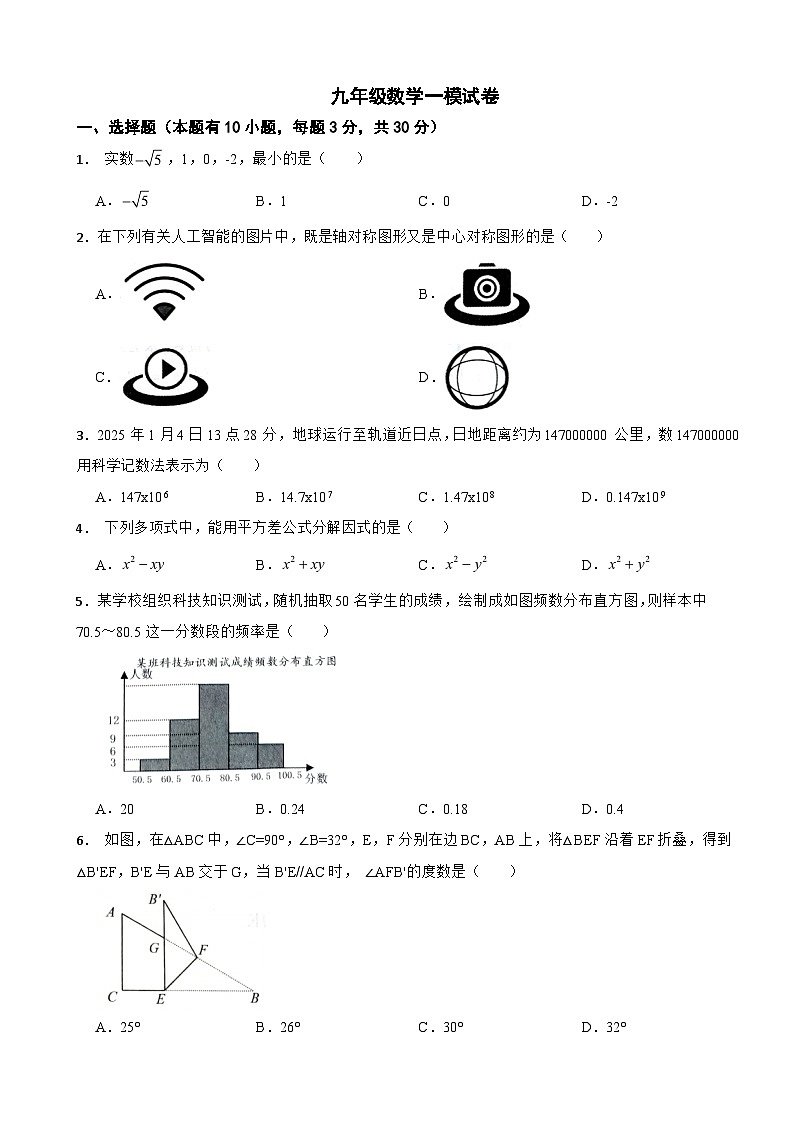 浙江省杭州市余杭、临平区2025年九年级数学一模试卷附答案第1页
