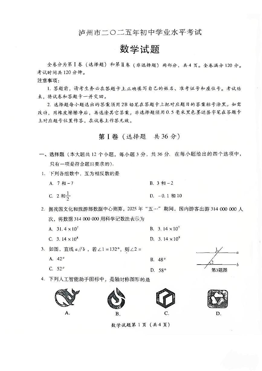 2025年四川省泸州市中考数学试题（无答案）第1页