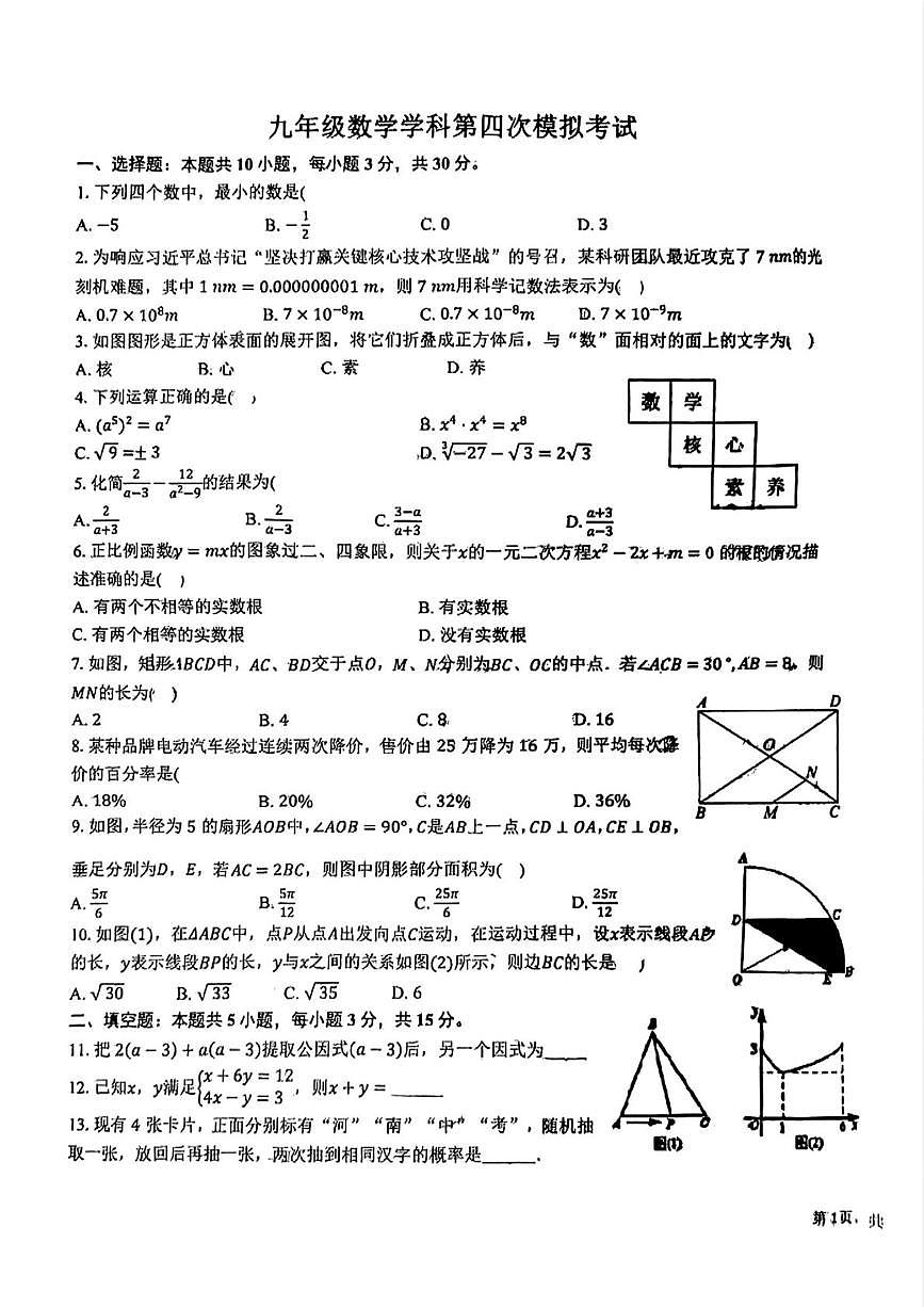 2025年河南省 驻马店市第四中学中考第四次模拟考试 数学试题（中考模拟）第1页