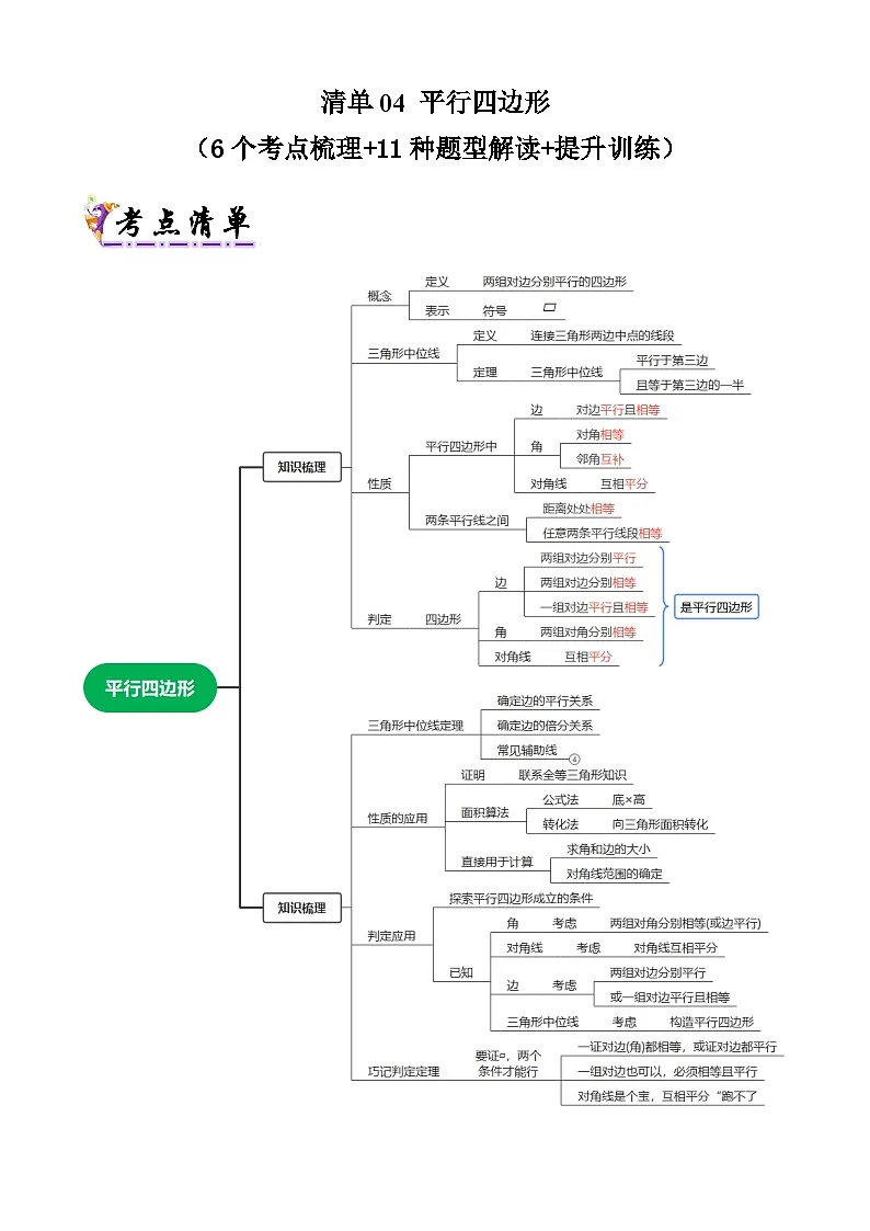 浙教版2025年八年级数学下学期期末总复习（知识梳理）专题04平行四边形(考点清单，6考点11题型)(学生版)第1页