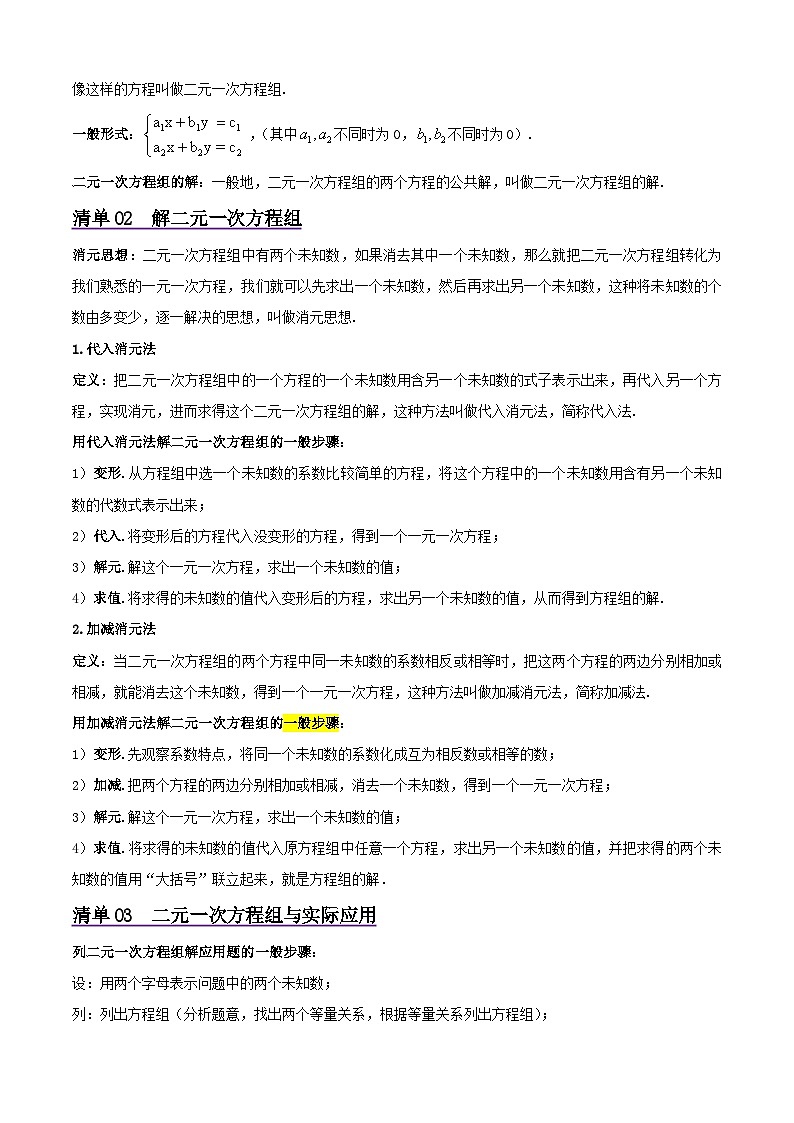 浙教版2025年七年级数学下学期期末总复习（知识梳理）专题02二元一次方程组(考点清单，3考点11题型)(教师版)-第2页