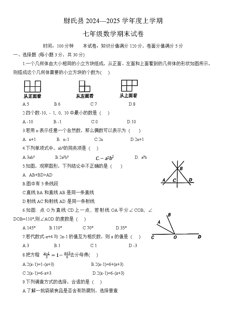 河南省开封市尉氏县2024-2025学年七年级上学期期末考试数学试卷(含答案)第1页