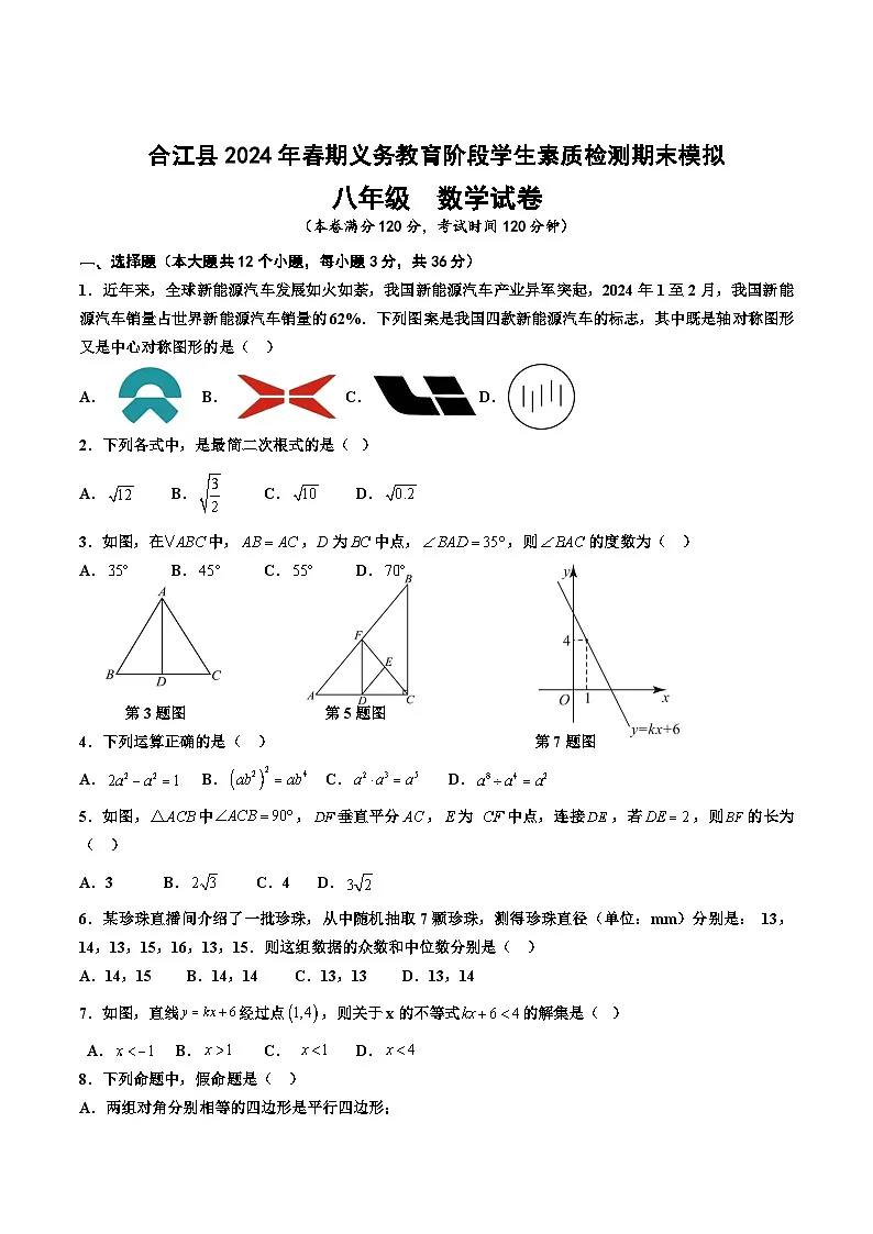 四川省泸州市合江县2023-2024学年八年级下学期期末模拟考试数学试卷(含答案)第1页