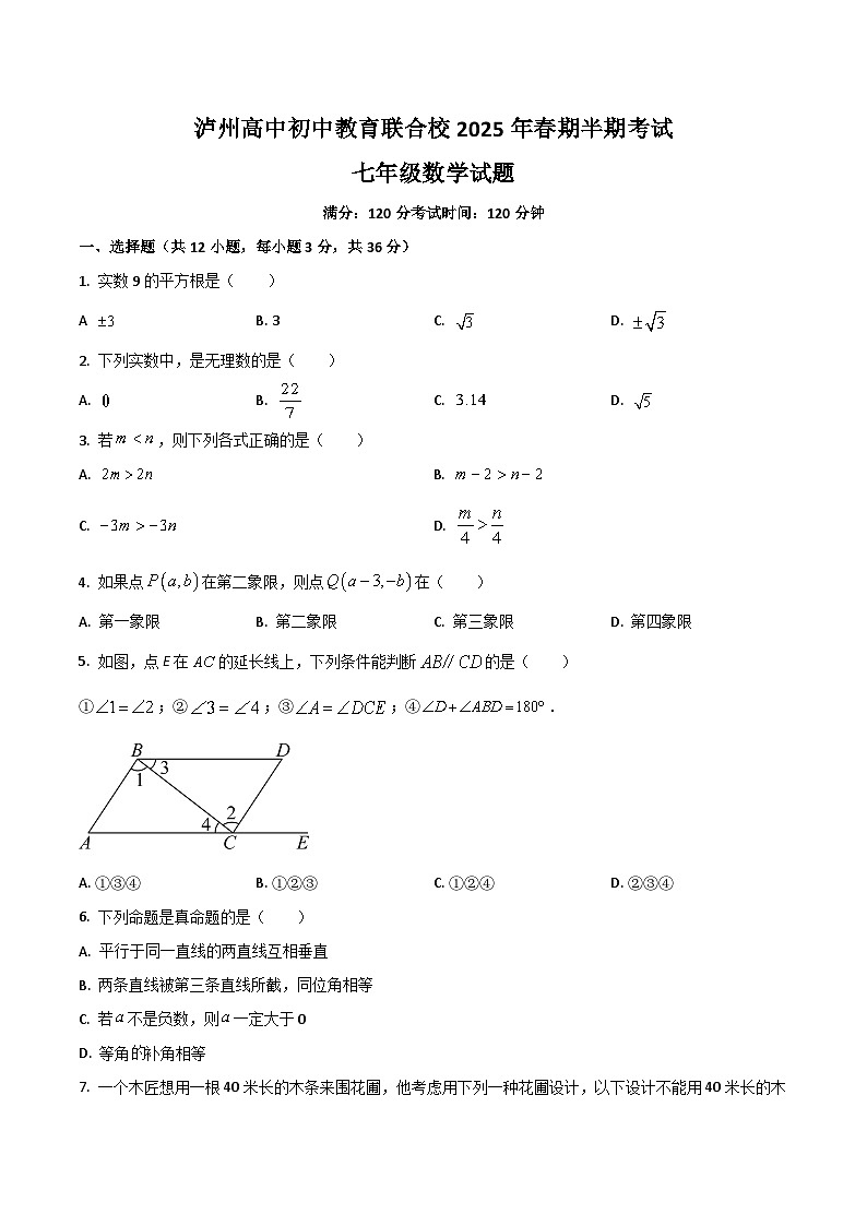 四川省泸州高级中学校2024-2025学年七年级下学期期中考试数学试卷(答案不全）第1页