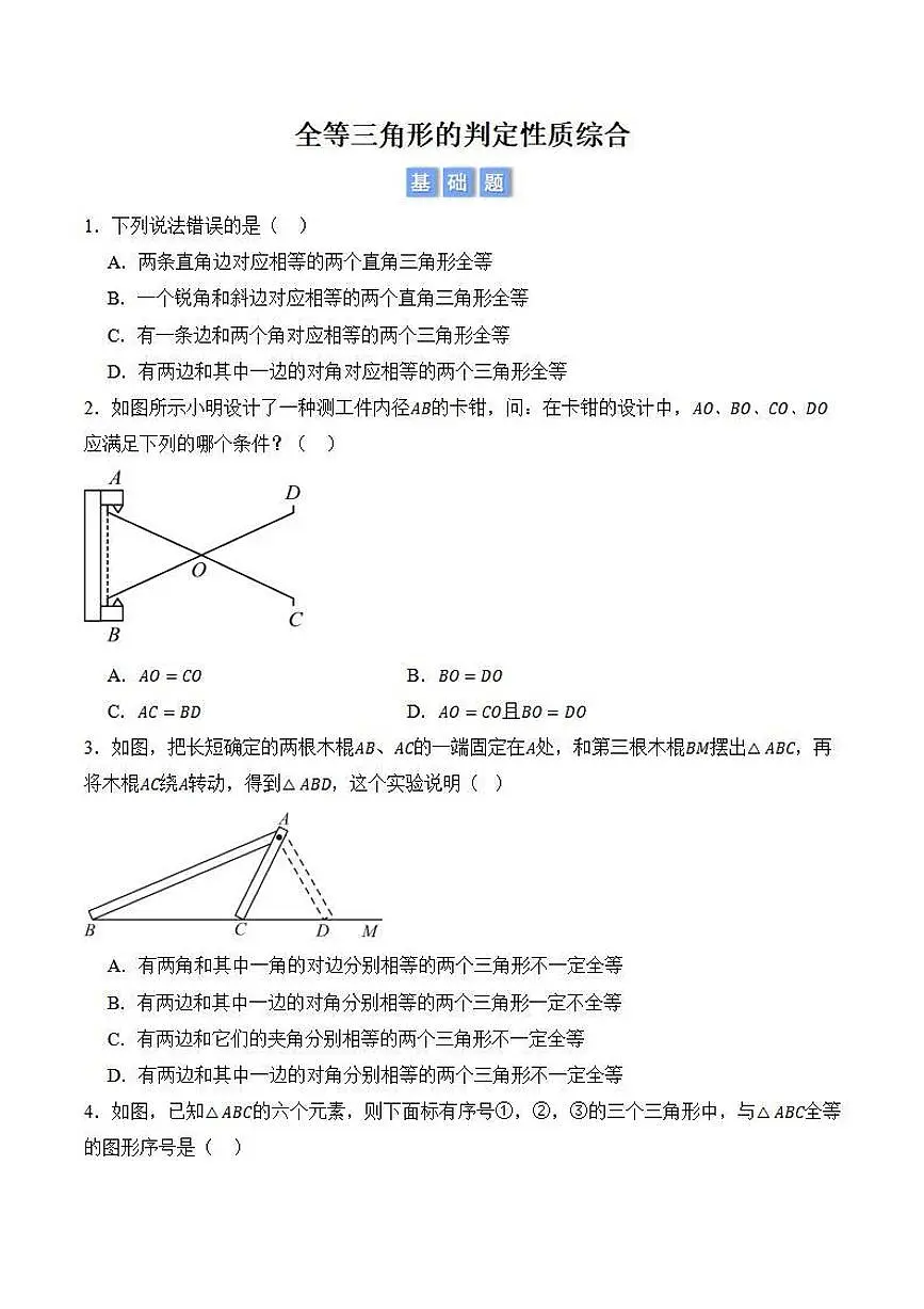 全等三角形的判定性质综合（原卷版）第1页