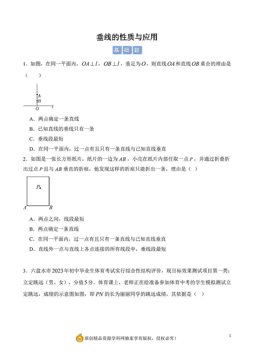 垂线的性质与应用（原卷版）第1页