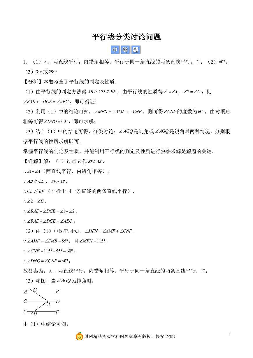 平行线分类讨论问题（解析版）第1页