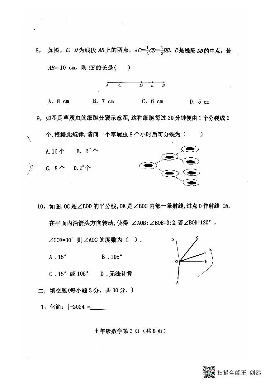 河北省保定市曲阳县2024-2025学年七年级上学期11月期中数学试题第3页