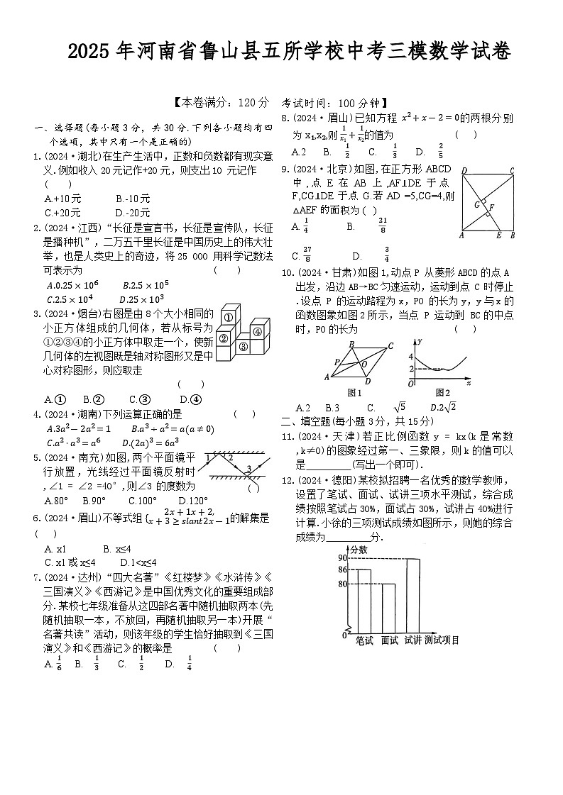 2025年河南省平顶山市鲁山县五所学校中考三模数学试题（中考模拟）第1页