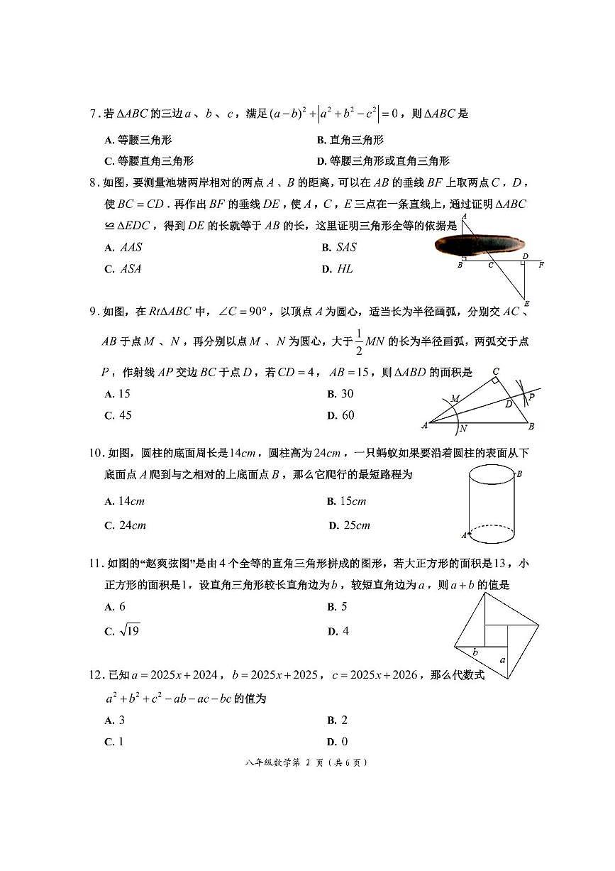 四川省乐山市马边彝族自治县 2024~2025学年八年级数学上学期期末学情监测试题第2页