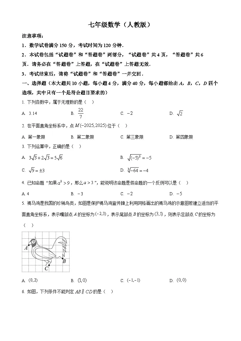 安徽省阜阳市太和县2024-2025学年下学期七年级数学期中考试试卷第1页