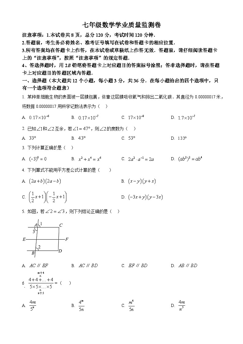 河北省保定市竞秀区2024-2025学年七年级下学期4月期中数学试题第1页