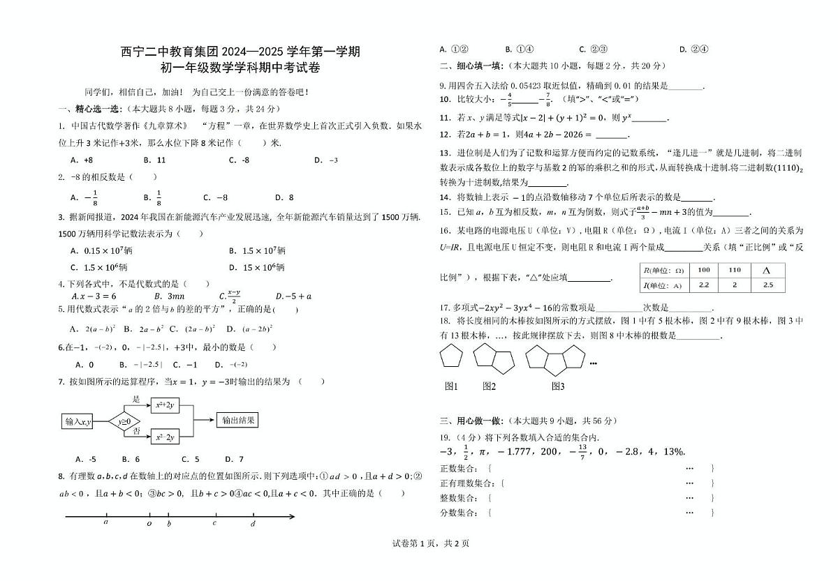 青海省西宁二中教育集团2024-2025学年七年级上学期期中考试数学试卷第1页