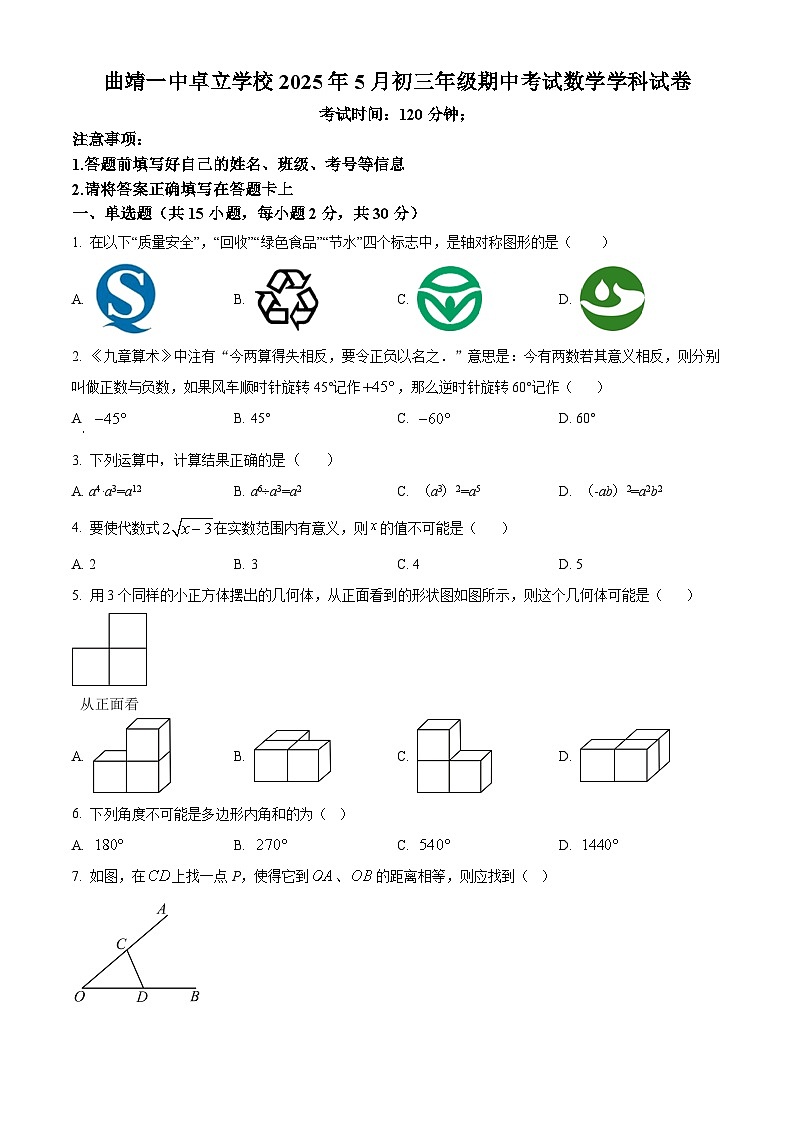 云南省曲靖市曲靖一中卓立学校2024—2025学年下学期5月九年级期中考试数学试卷第1页