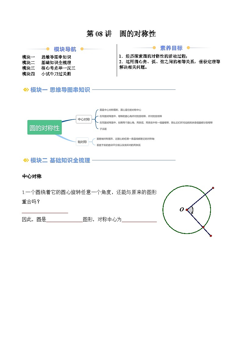 苏科版2025年新九年级数学暑假衔接讲义第2部分-预习篇-第08讲圆的对称性（学生版）第1页
