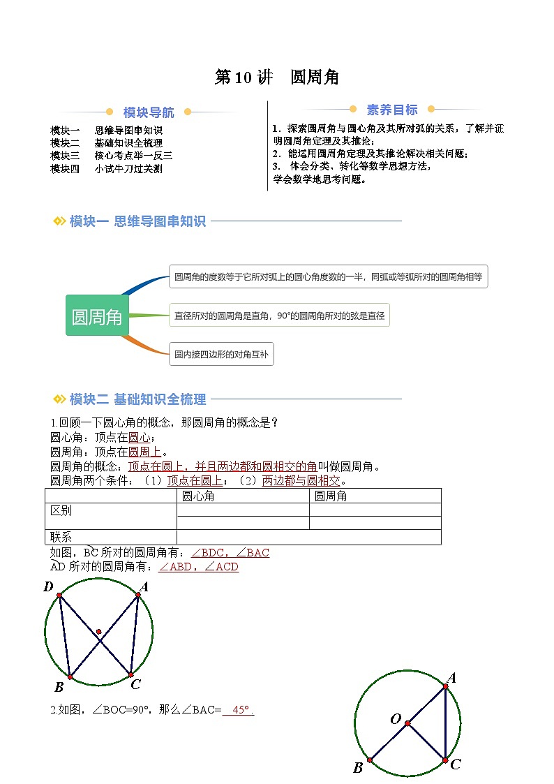 苏科版2025年新九年级数学暑假衔接讲义第2部分-预习篇-第10讲圆周角（教师版）第1页