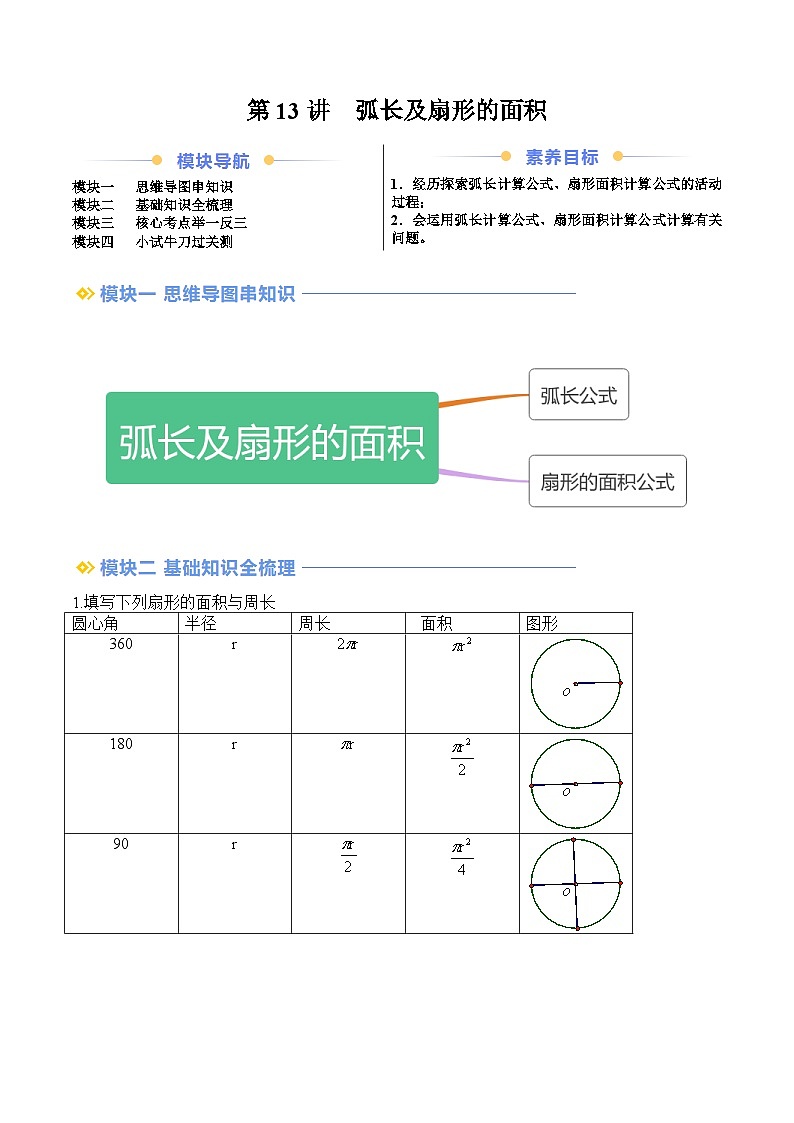苏科版2025年新九年级数学暑假衔接讲义第2部分-预习篇-第13讲弧长及扇形的面积（学生版）第1页