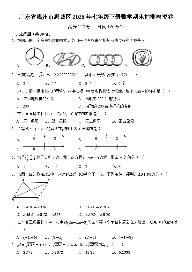 广东省惠州市惠城区2025年七年级下册数学期末抽测模拟卷  含答案第1页