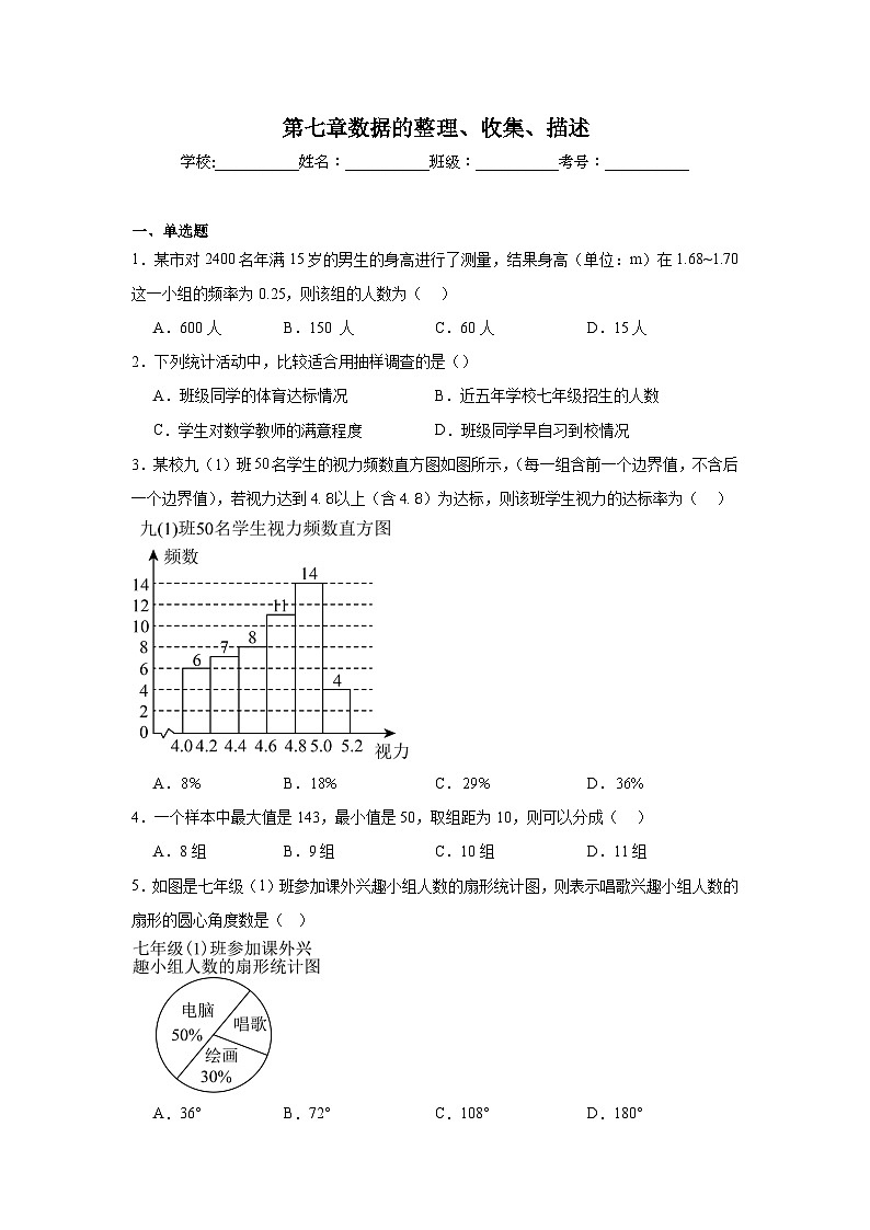 第七章数据的整理、收集、描述期末单元复习题  苏科版数学八年级下册第1页