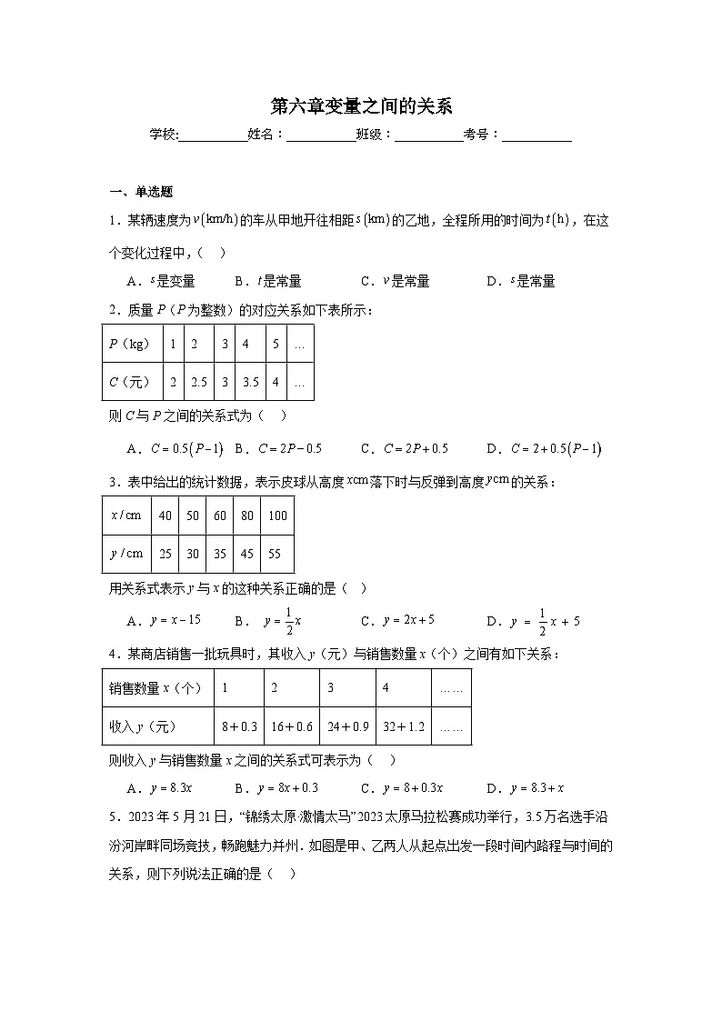 第六章变量之间的关系期末单元复习题 北师大版数学七年级下册第1页