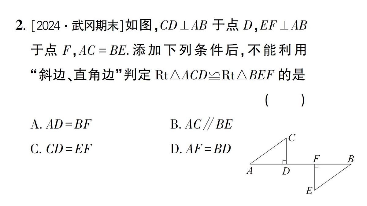 初中数学新湘教版八年级上册5.3 直角三角形全等的判定作业课件（2025秋）第3页
