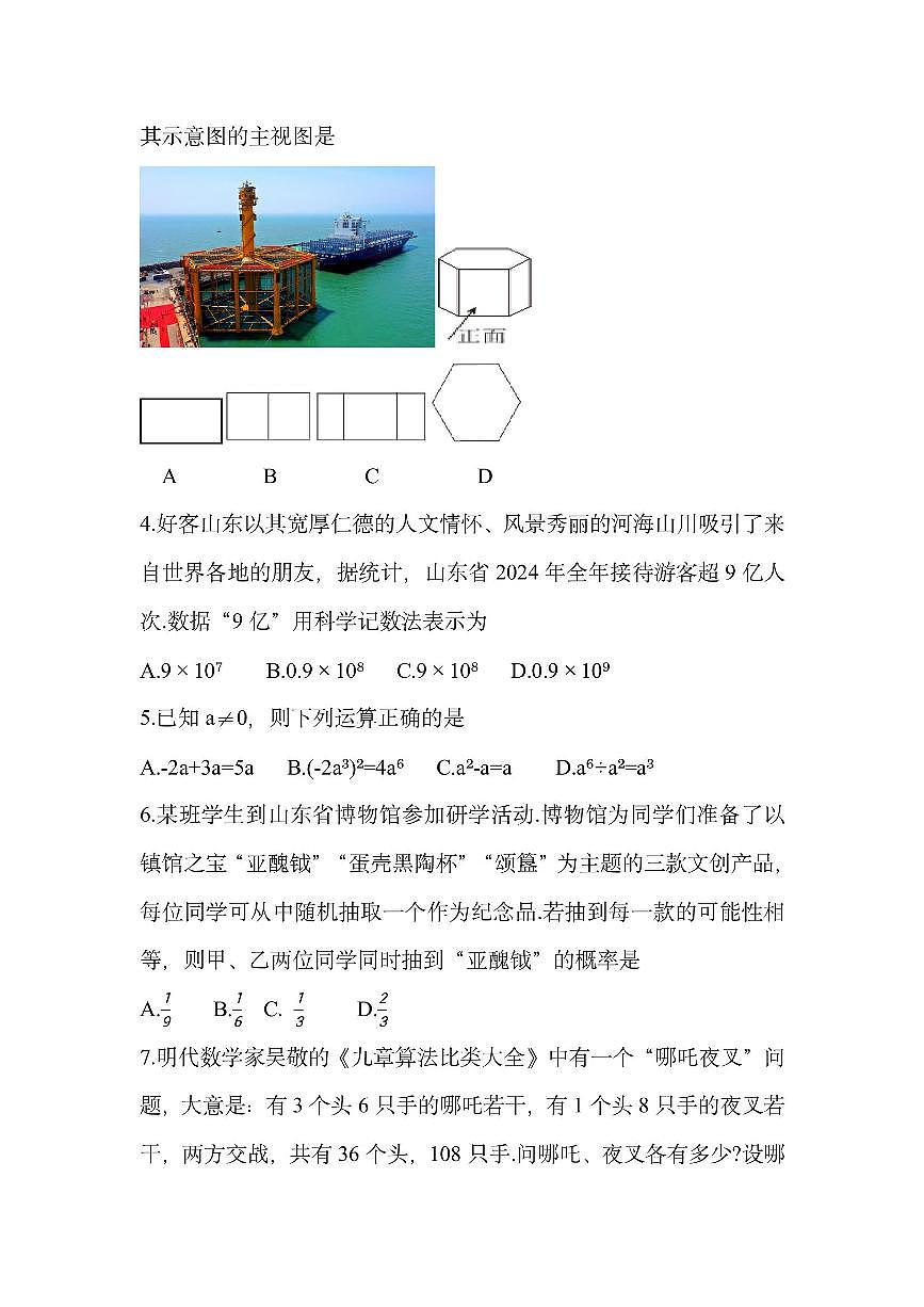 2025年山东省枣庄市中考 数学试题（枣庄聊城临沂菏泽）（无答案）第2页