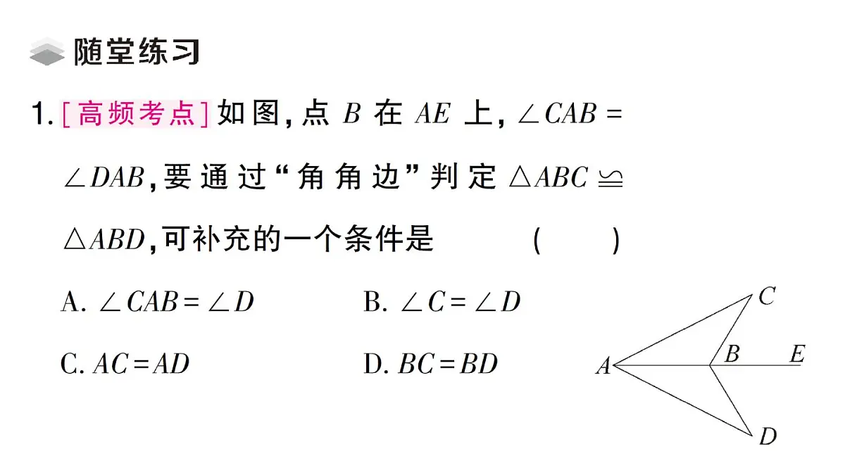初中数学新湘教版八年级上册4.3.3 全等三角形的判定定理( 角边角、角角边)课堂作业课件（2025秋）第3页