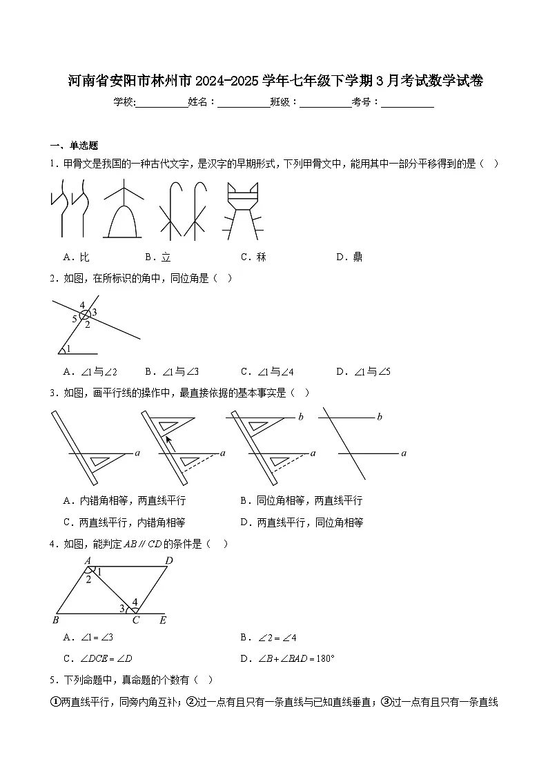 河南省安阳市林州市2024-2025学年七年级下学期3月考试数学试卷(含解析)第1页