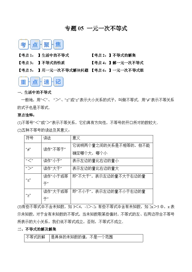 苏科版2025年新八年级数学暑假衔接讲义第1部分-复习-专题05一元一次不等式（学生版）第1页