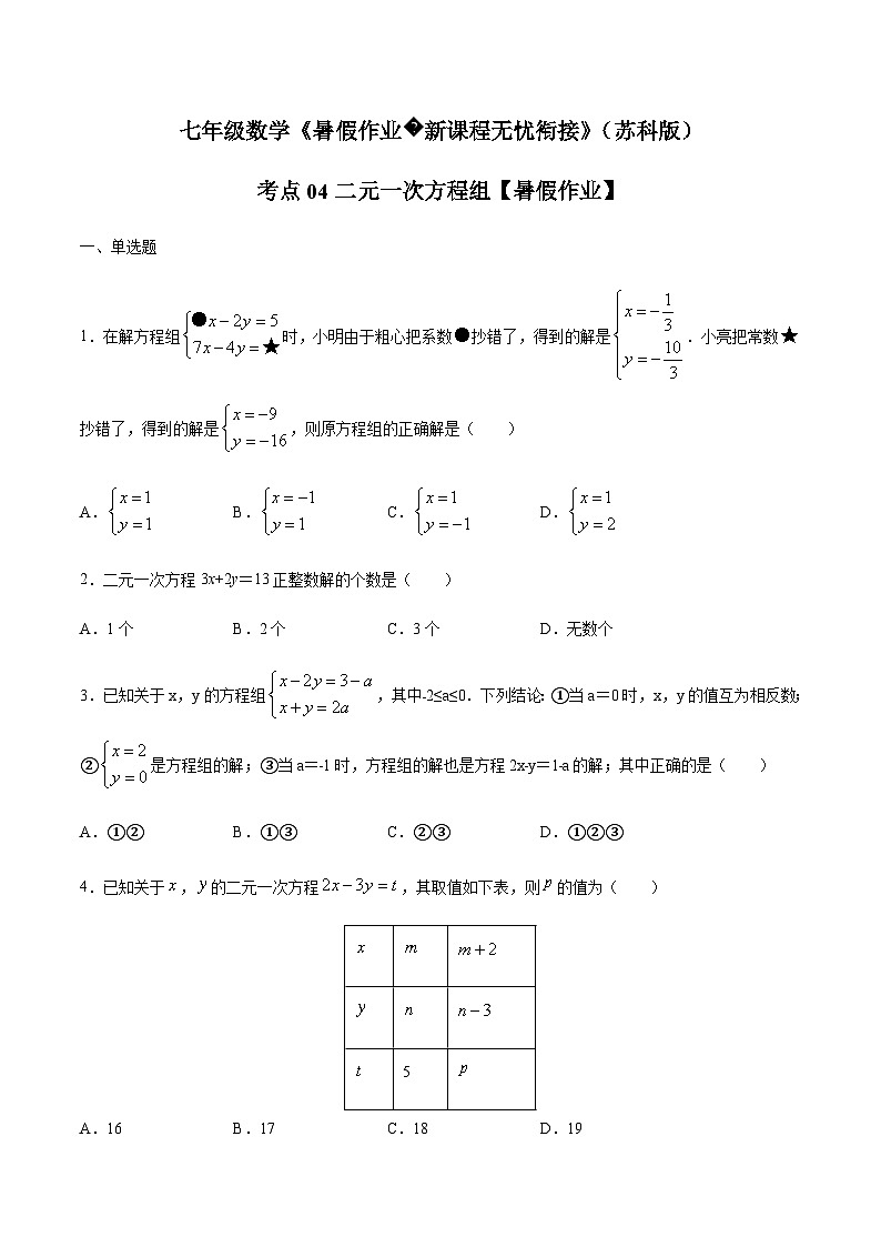 苏科版七升八数学暑假作业+新课程无忧衔接（巩固复习）考点04二元一次方程组(原卷版)第1页