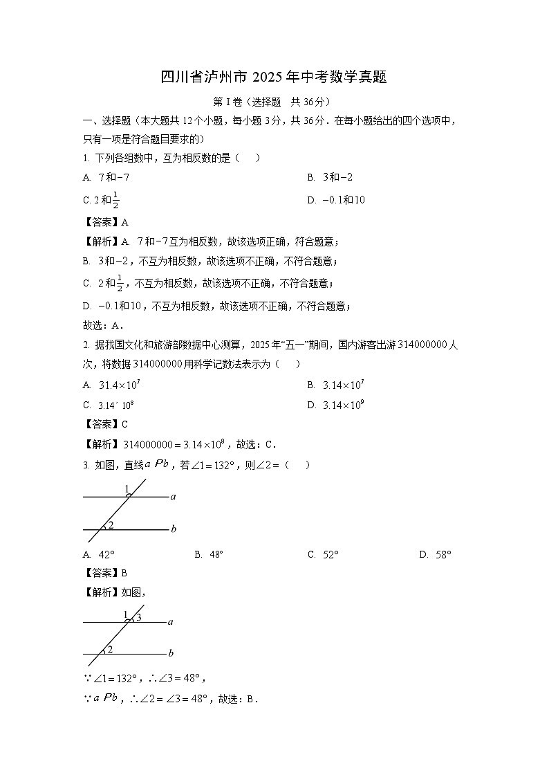 四川省泸州市2025年中考真题数学试卷（解析版）第1页