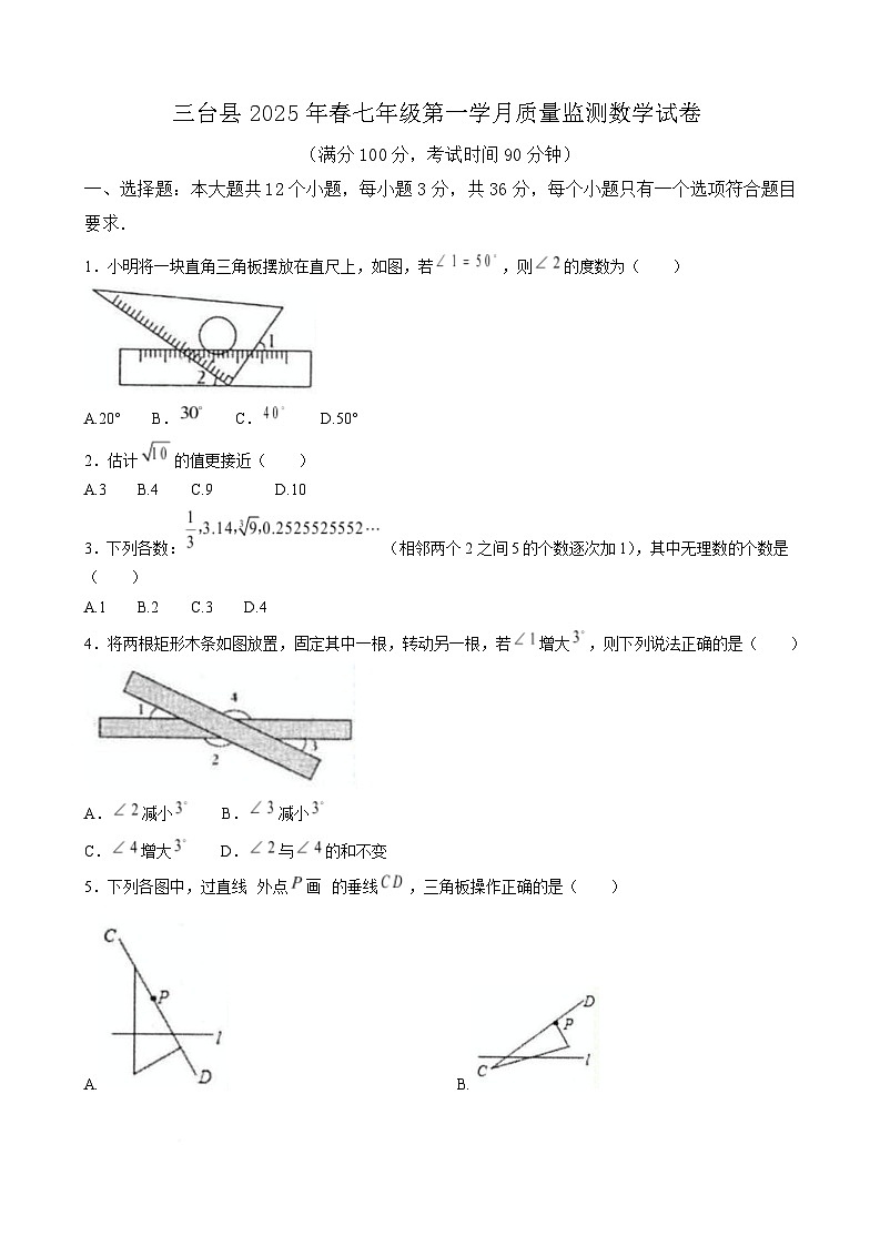 四川省绵阳市三台县2024-2025学年七年级下学期3月月考数学试卷(含答案)第1页
