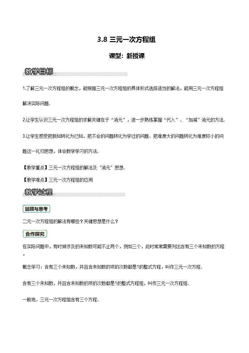 3.8 三元一次方程组 教案 2025-2026学年湘教版数学七年级上册第1页