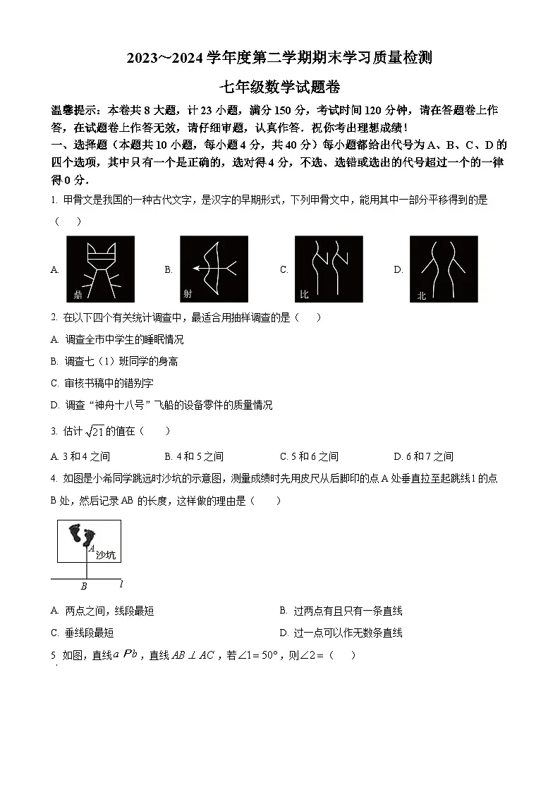 安徽省芜湖市无为市2023-2024学年七年级下学期期末数学试题第1页