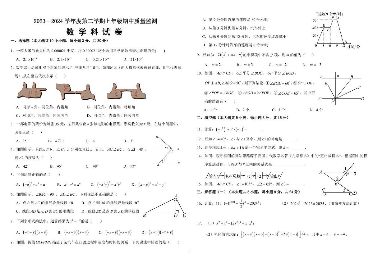 广东省佛山市2023-2024学年七年级下学期期中质量监测数学试卷第1页