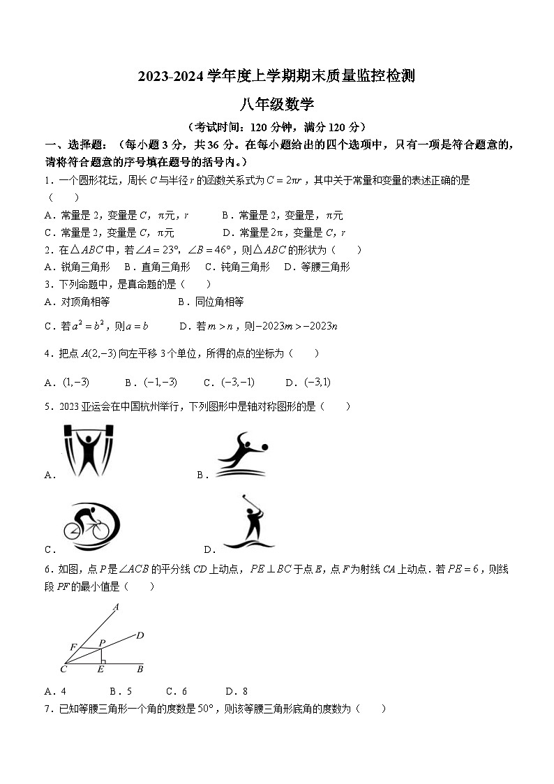 广西壮族自治区贺州市富川瑶族自治县2023-2024学年八年级上学期期末数学试题第1页