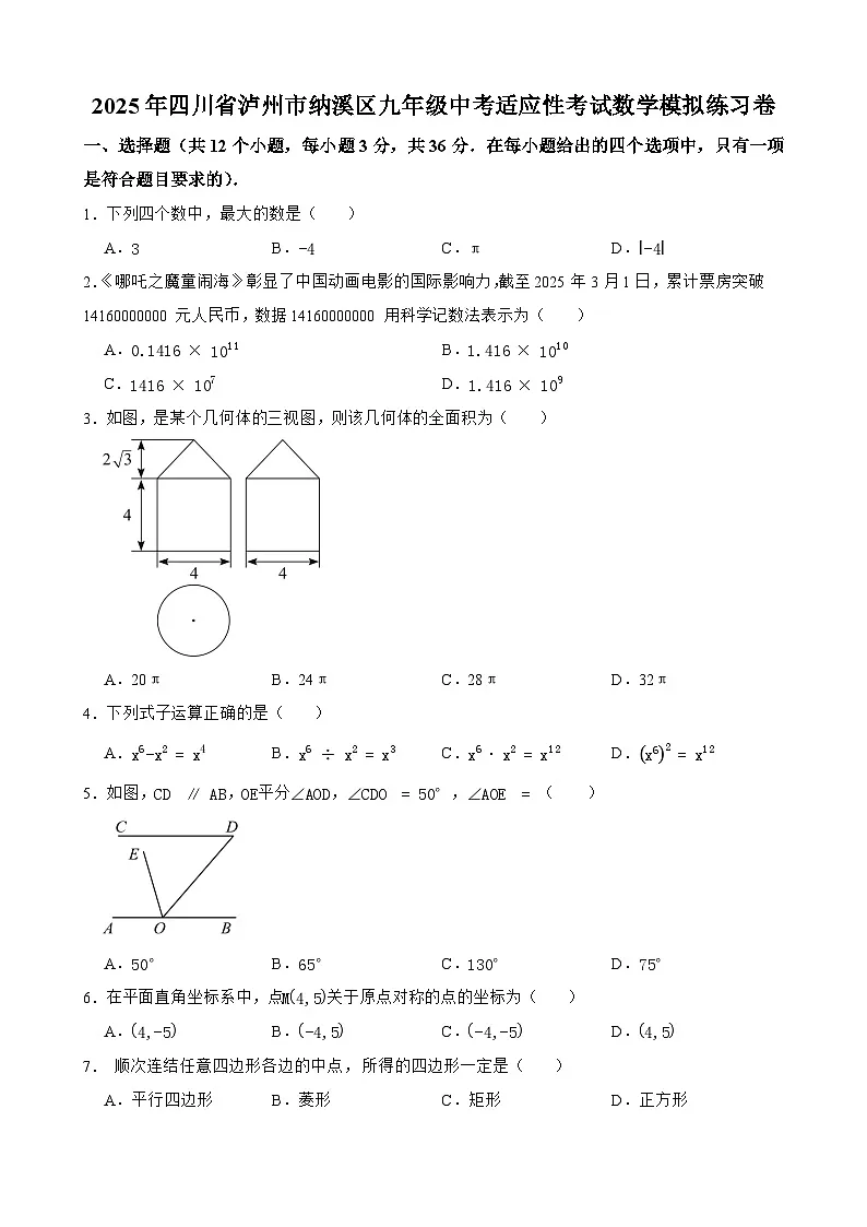 四川省泸州市纳溪区九年级2025届中考适应性考试 数学模拟练习卷第1页