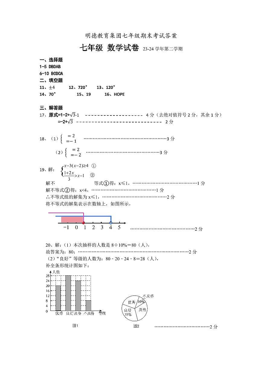 2024年明德教育集团七年级下册期末数学试卷参考答案第1页